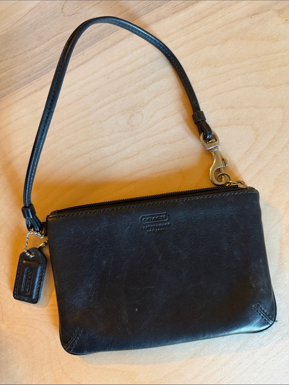 Coach Black Leather Wristlet with Logo Tag